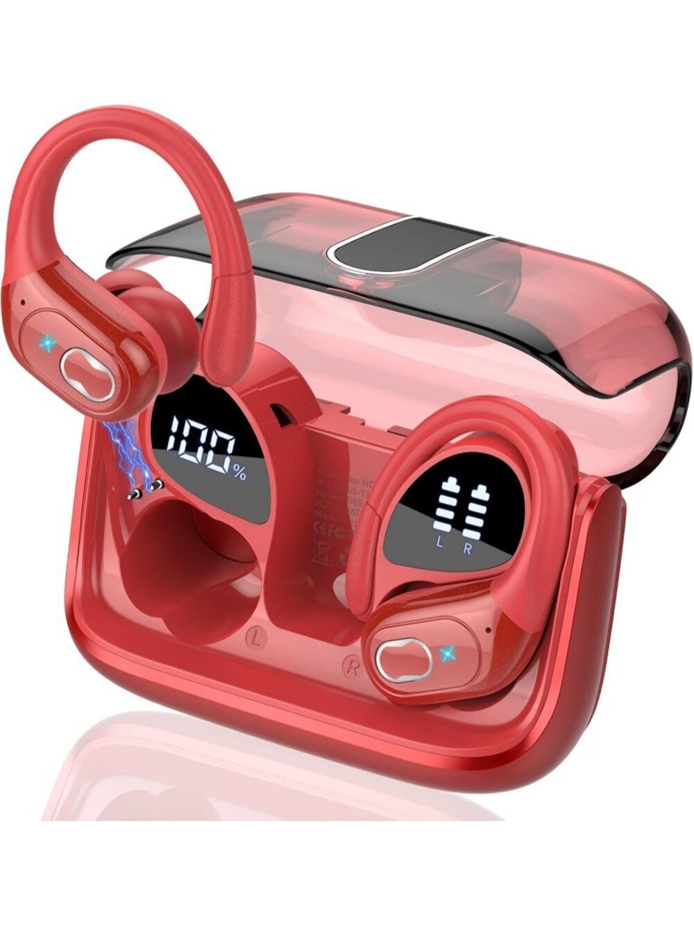 Wireless Red Stereo Deep Bass Earhooks Waterproof 75hrs Bluetooth 5.4 Earbud